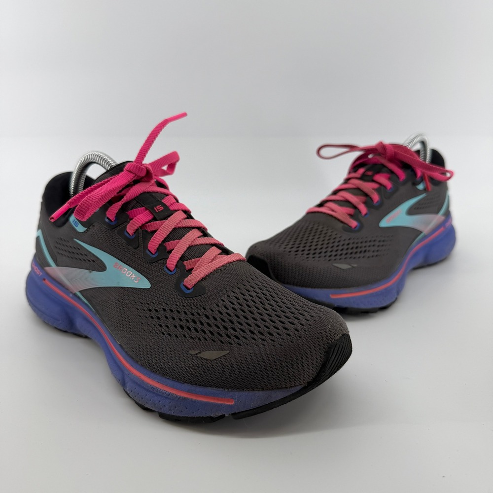 Brooks Ghost 15 Running Shoes Womens 9 Black Aruba Gray Pink Blue Sneakers Gym